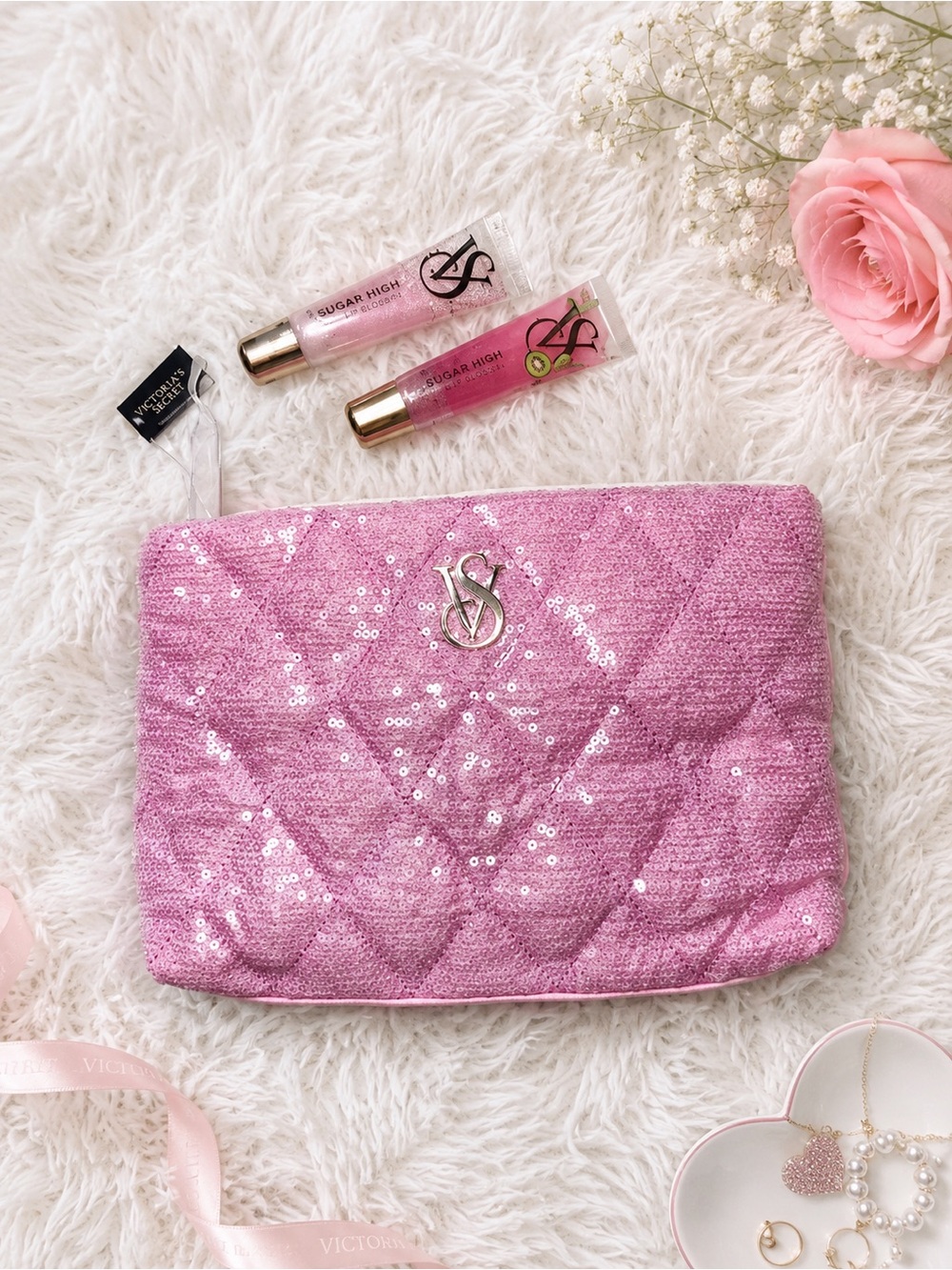 Victoria’s Secret Pink Sequin Quilted Bag + Sugar High & Kiwi Blush Gloss Set - Picture 1 of 3